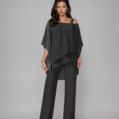 Black layered two-piece set with draped cold-shoulder top and wide-leg trousers