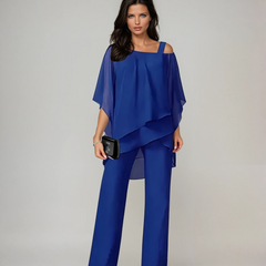 Blue layered two-piece set with flowy off-shoulder top and wide-leg pants