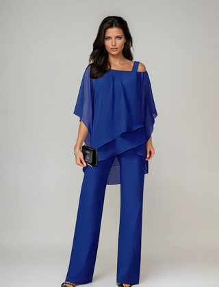Blue layered two-piece set with flowy off-shoulder top and wide-leg pants