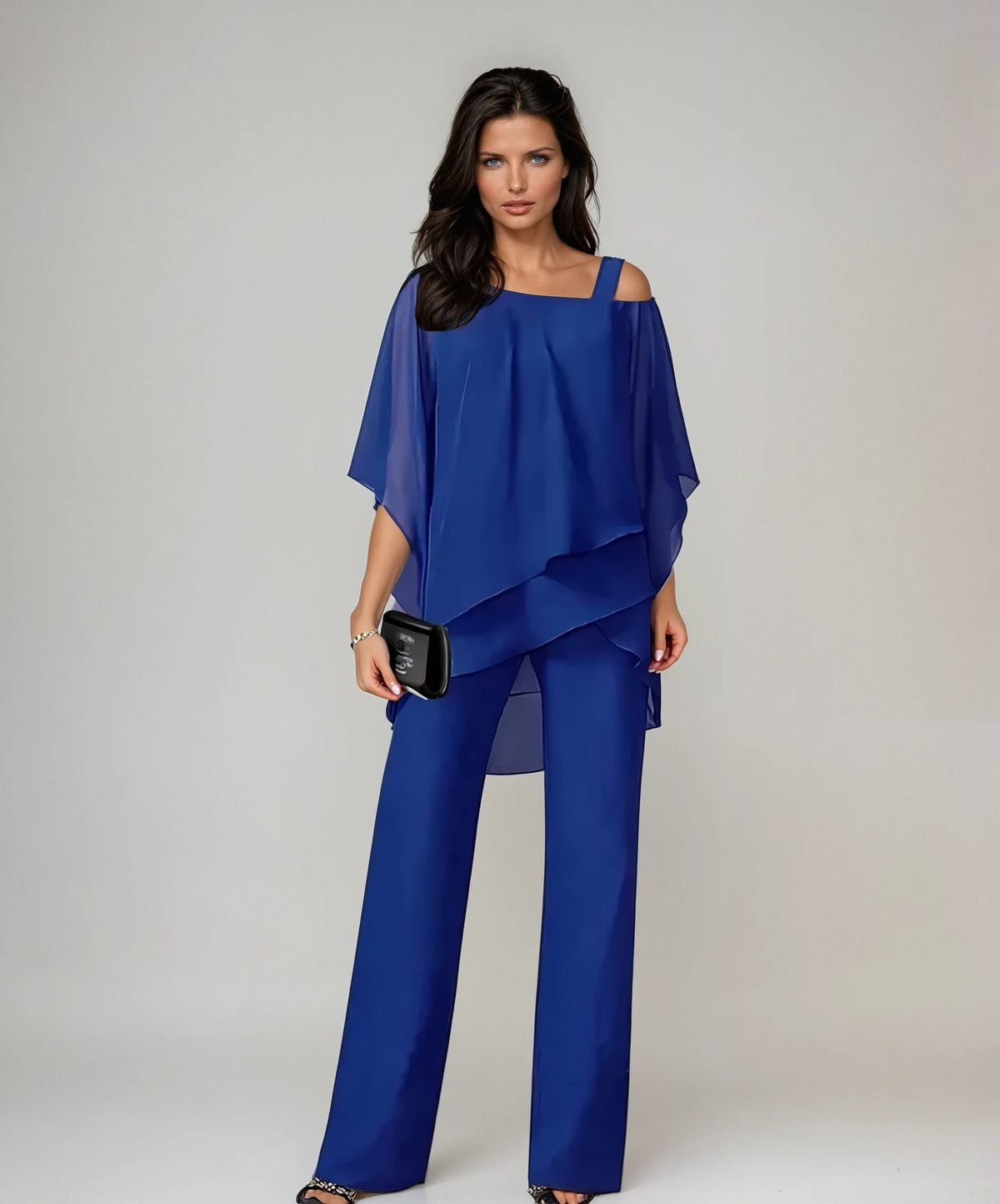 Blue layered two-piece set with flowy off-shoulder top and wide-leg pants