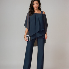Navy layered two-piece set with draped cold-shoulder top and wide-leg trousers