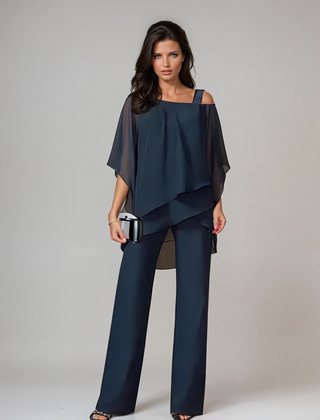 Navy layered two-piece set with draped cold-shoulder top and wide-leg trousers