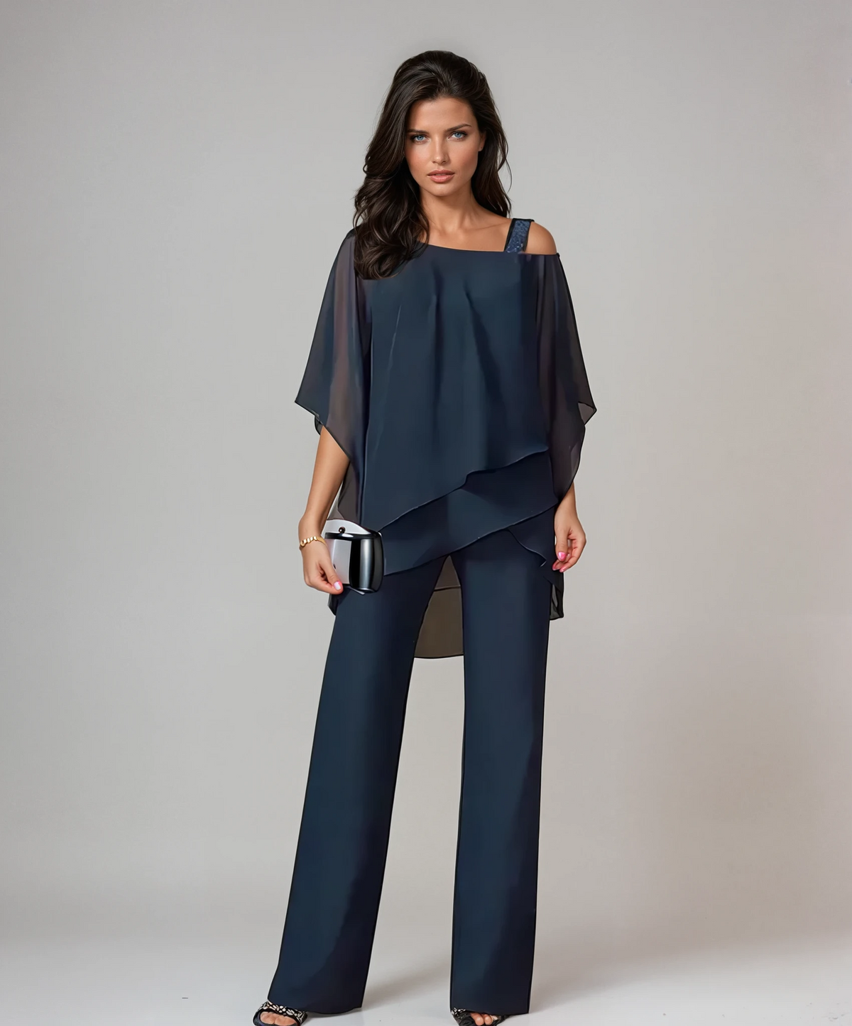 Navy layered two-piece set with draped cold-shoulder top and wide-leg trousers