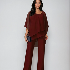 Burgundy layered two-piece set with draped top and wide-leg pants