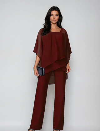 Burgundy layered two-piece set with draped top and wide-leg pants