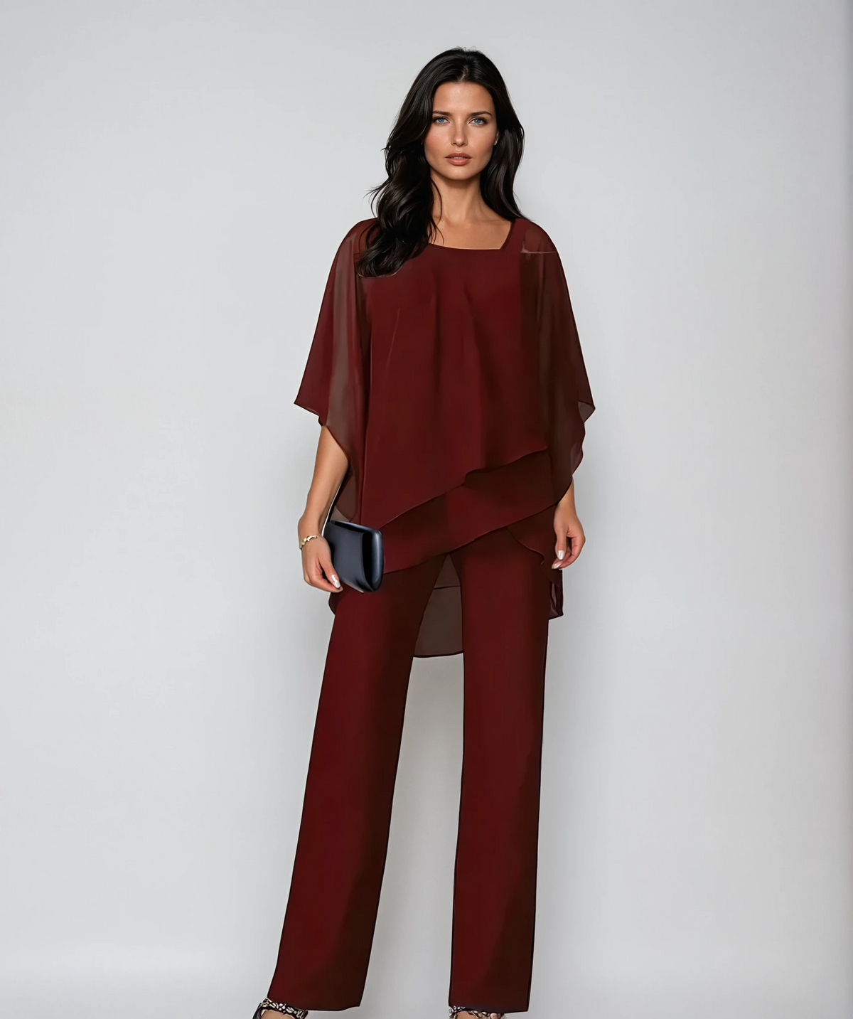Burgundy layered two-piece set with draped top and wide-leg pants