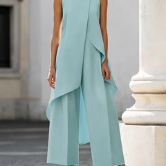 Light blue sleeveless tailored set with draped asymmetric vest top and wide-leg pants