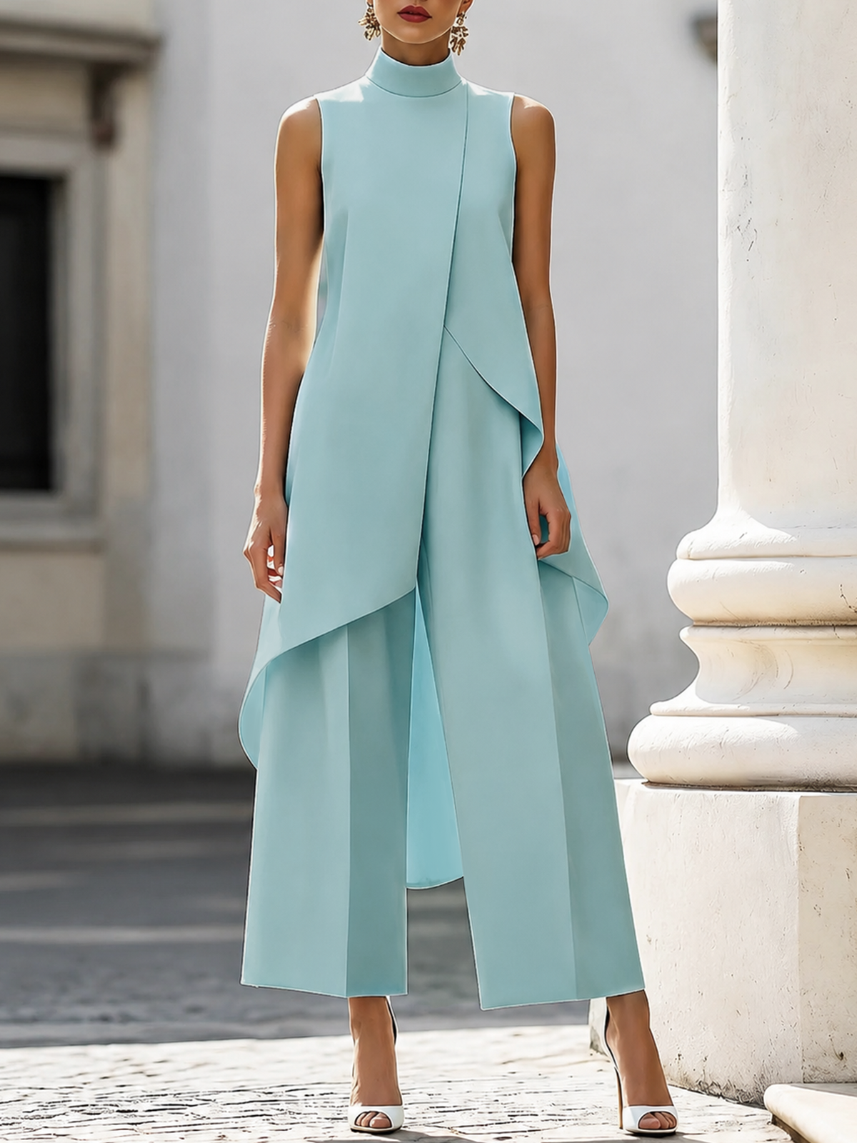 Light blue sleeveless tailored set with draped asymmetric vest top and wide-leg pants
