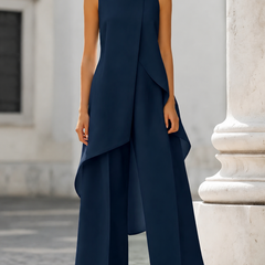 Navy blue sleeveless tailored set with draped asymmetric vest top and wide-leg pants