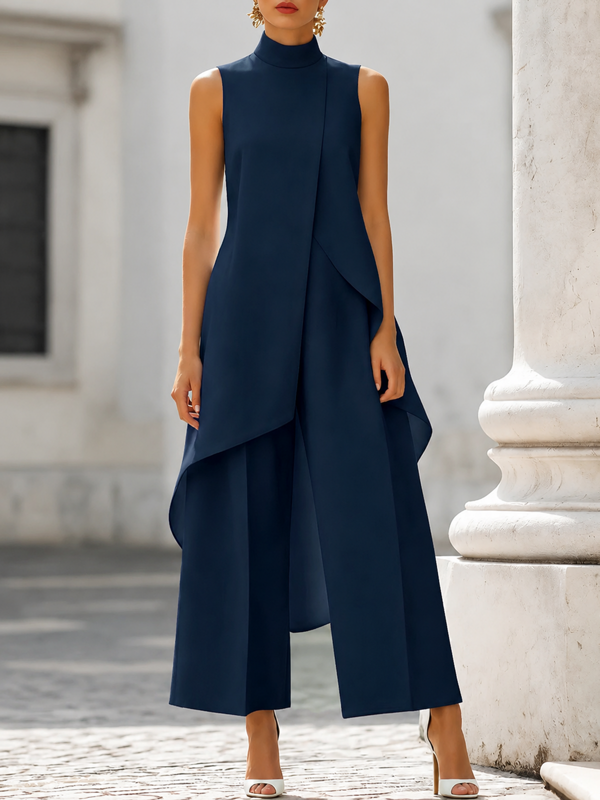 Navy blue sleeveless tailored set with draped asymmetric vest top and wide-leg pants