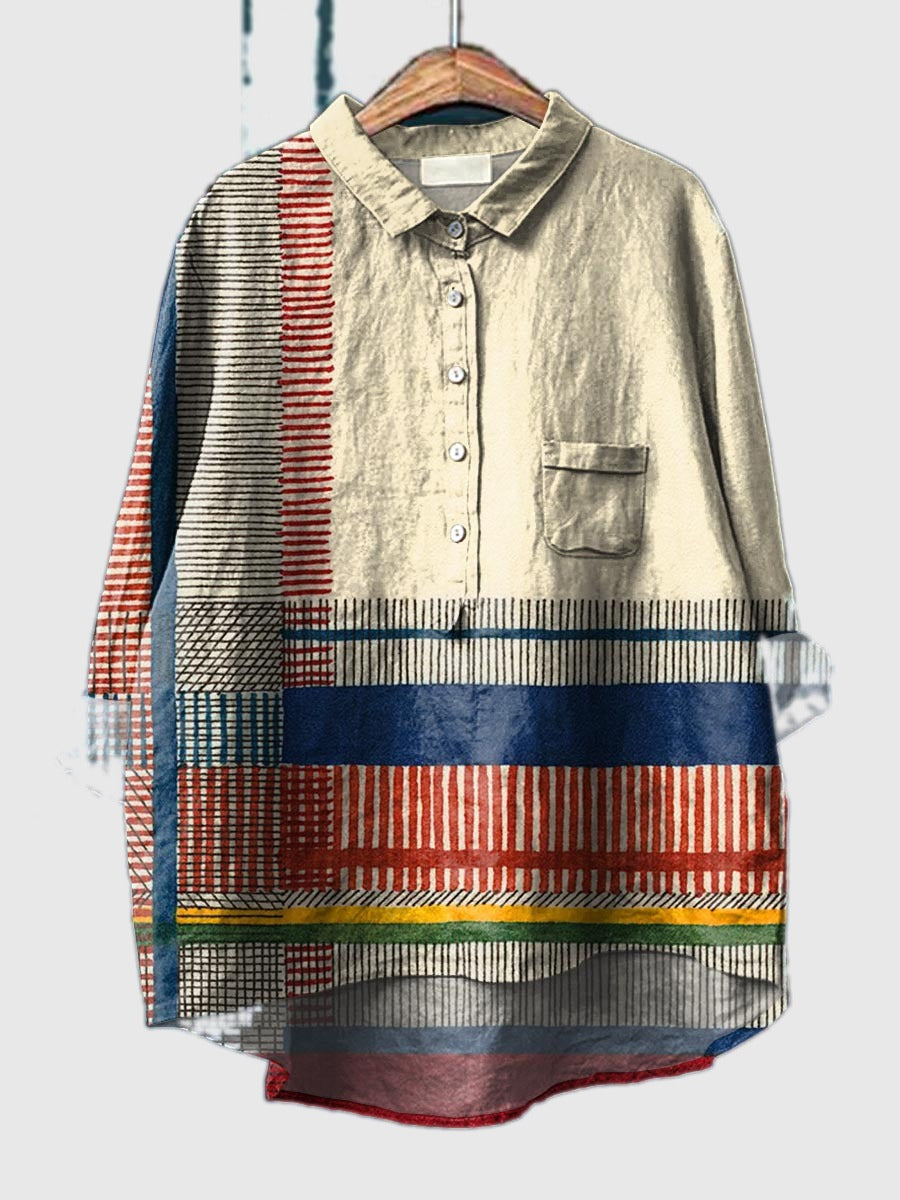 Light gray button-up shirt with point collar, chest pocket, and multicolor stripe panel