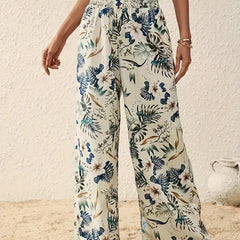 High-rise floral wide-leg trousers with blue-green botanical print
