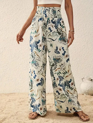 High-rise floral wide-leg trousers with blue-green botanical print