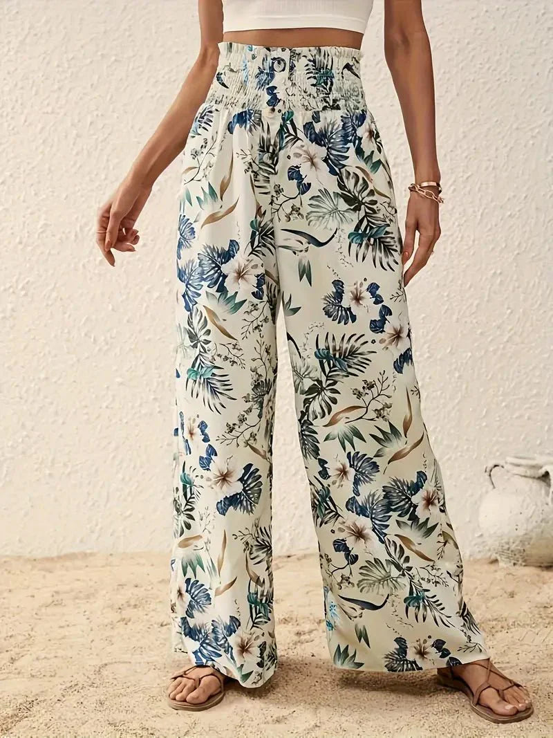 High-rise floral wide-leg trousers with blue-green botanical print