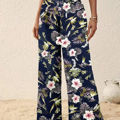 Navy floral wide-leg trousers with pink and white flowers, high-rise waistband