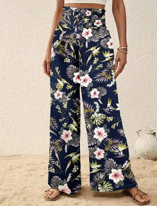Navy floral wide-leg trousers with pink and white flowers, high-rise waistband