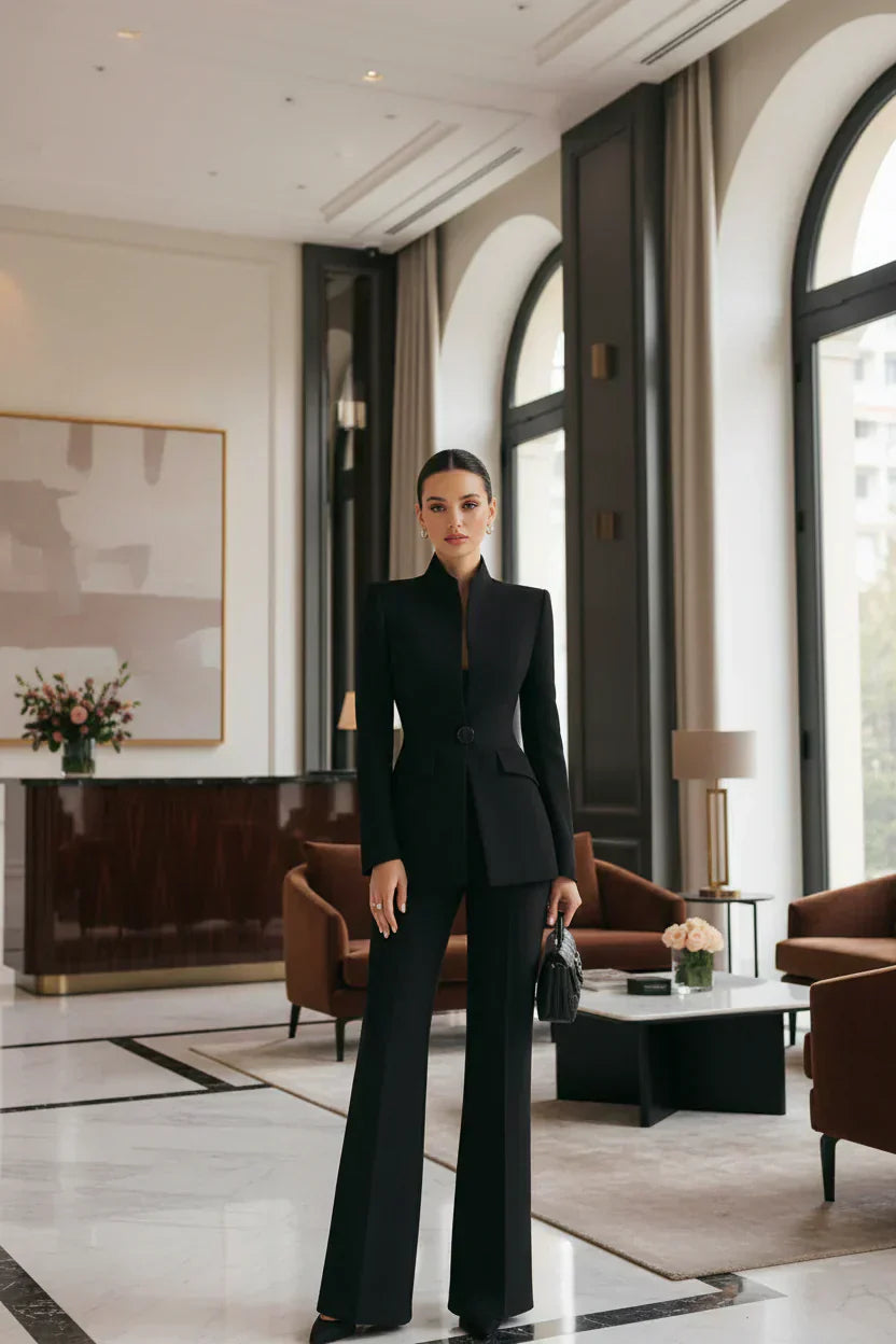 Black tailored blazer and wide-leg palazzo pants set with notch collar, fitted waist.
