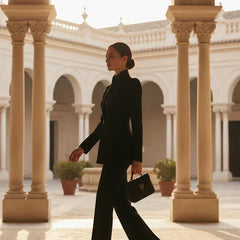 Black blazer and wide-leg palazzo pants set, longline jacket with single button.