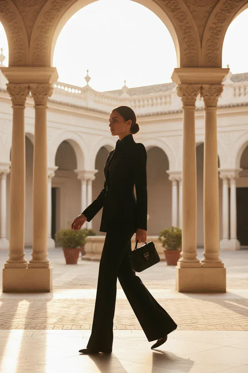 Black blazer and wide-leg palazzo pants set, longline jacket with single button.