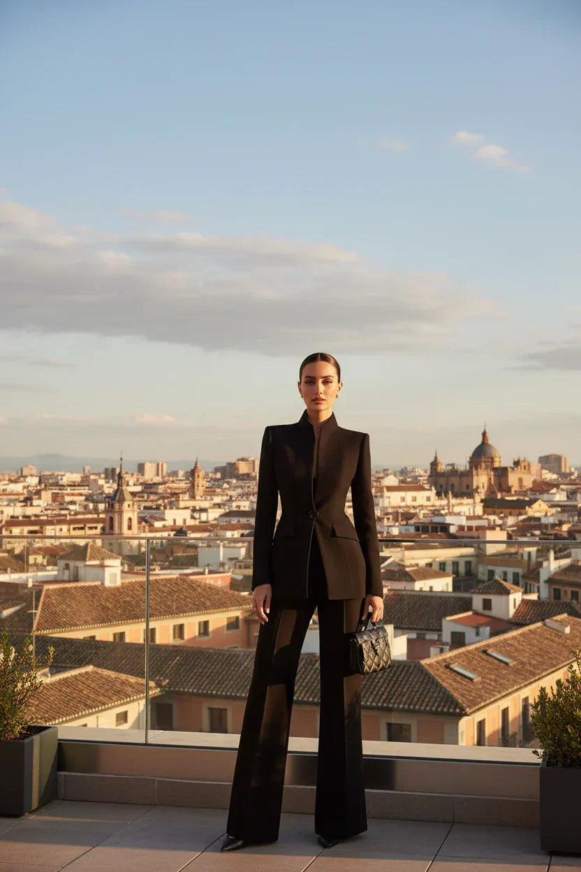 Black tailored blazer and wide-leg palazzo pants set, sleek lapelless neckline.