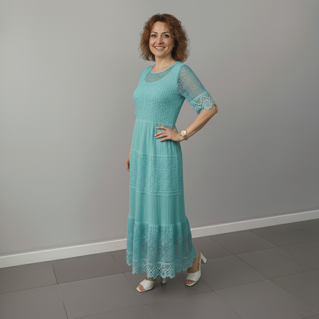 Teal lace midi dress with lace bodice and tiered skirt with scalloped lace trim