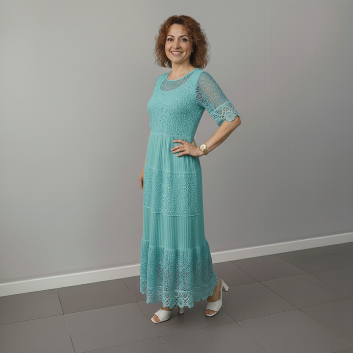 Teal lace midi dress with lace bodice and tiered skirt with scalloped lace trim
