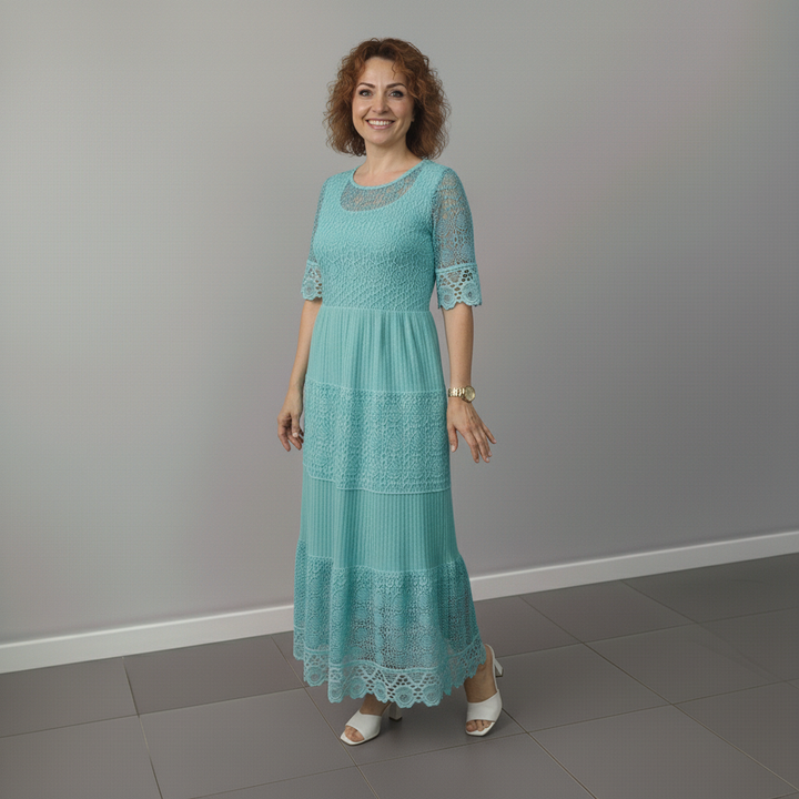 Teal lace midi dress with crew neckline and tiered lace skirt panels
