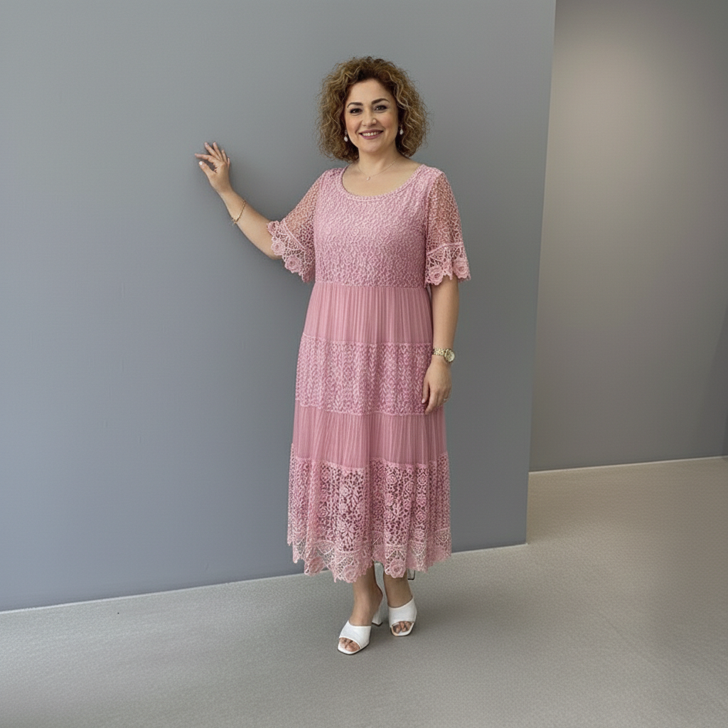 Dusty pink lace midi dress, half-sleeve lace overlay and tiered lace hem