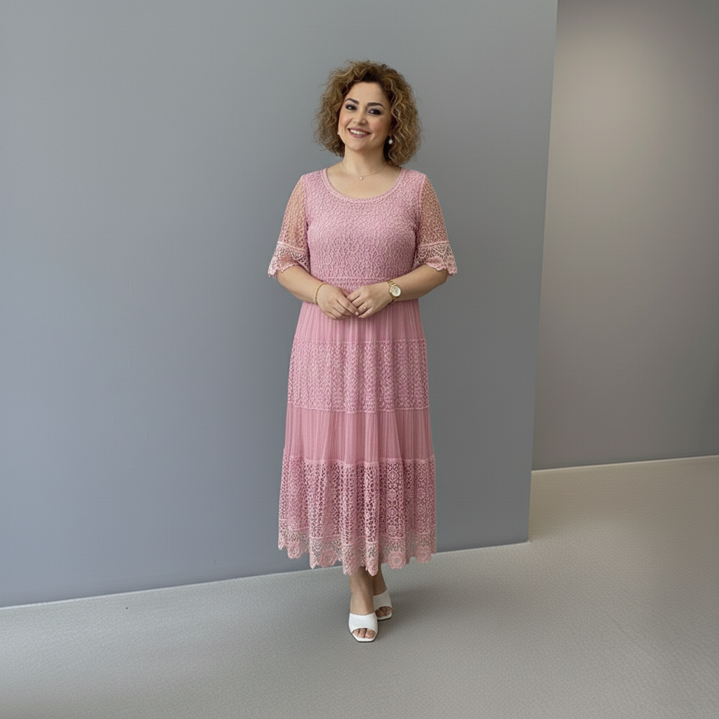 Dusty pink lace midi dress with short lace sleeves and layered tiered skirt