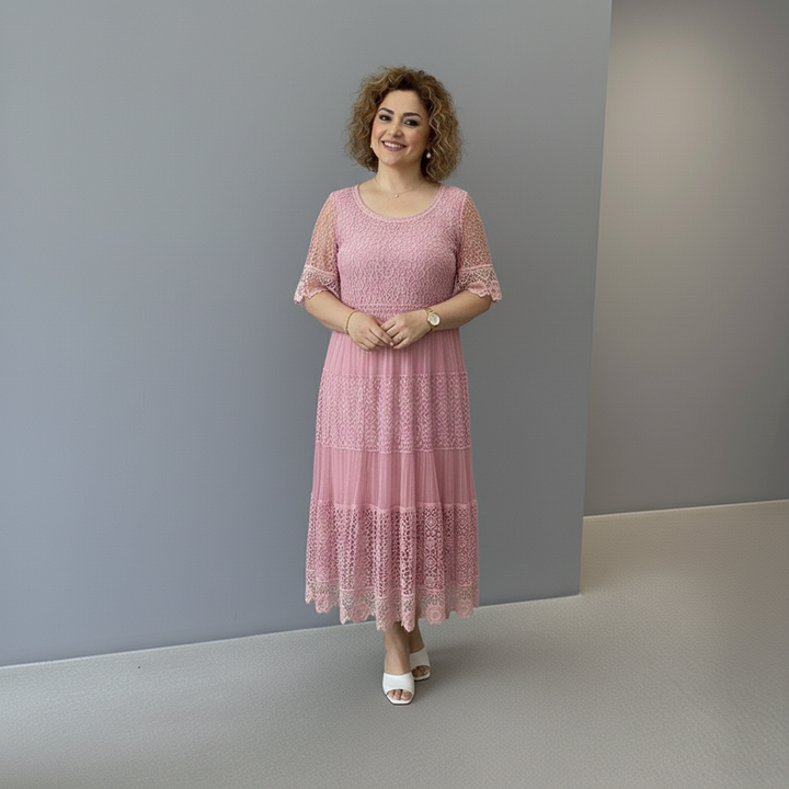 Dusty pink lace midi dress with short lace sleeves and layered tiered skirt
