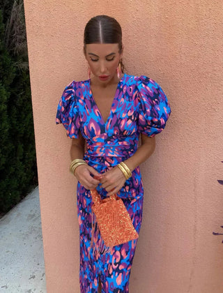 Purple-blue abstract midi dress with V-neck and voluminous puff sleeves