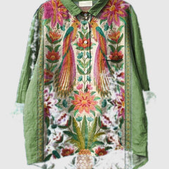 Embroidered floral shirt in green with colorful bouquet prints, button-up placket and chest pockets