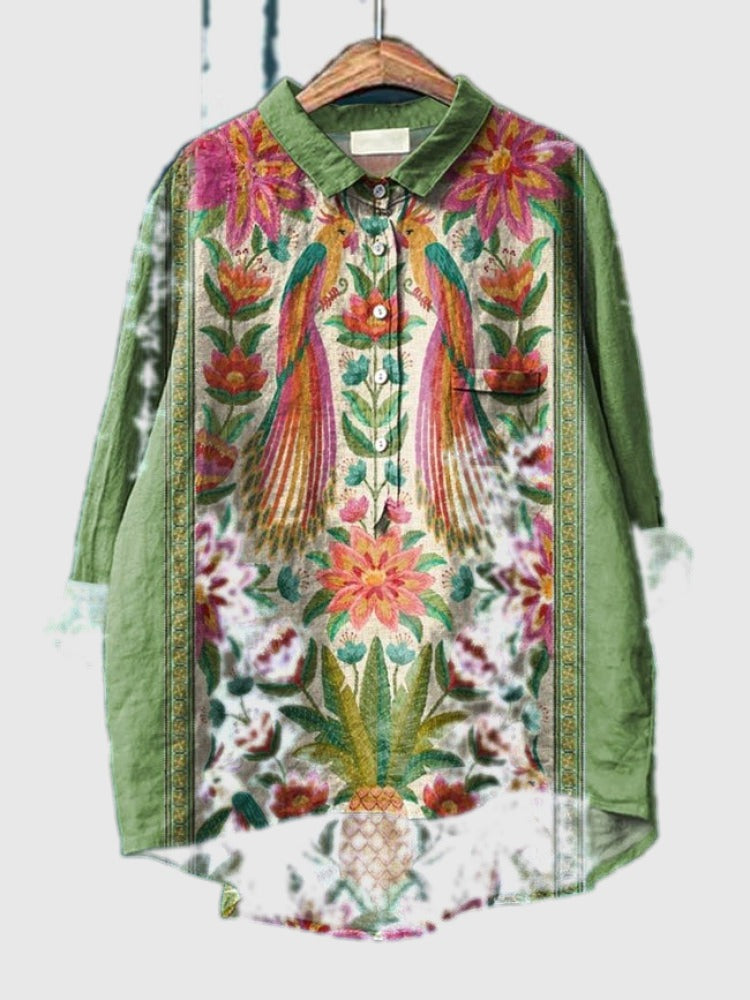 Embroidered floral shirt in green with colorful bouquet prints, button-up placket and chest pockets