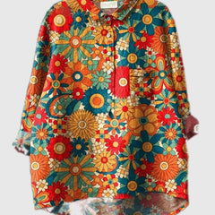 Embroidered floral shirt in red and multicolor daisies, button-up front and chest pocket