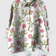Embroidered floral shirt in white with pink roses and green leaves, button-up front