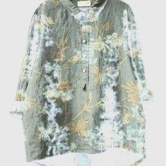 Embroidered floral shirt in dusty sage green with gold vine and blossoms, button-up front