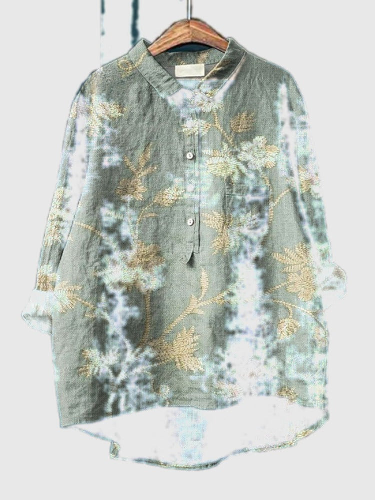 Embroidered floral shirt in dusty sage green with gold vine and blossoms, button-up front