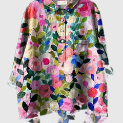 Multicolor floral embroidered long-sleeve shirt with button front and chest pocket