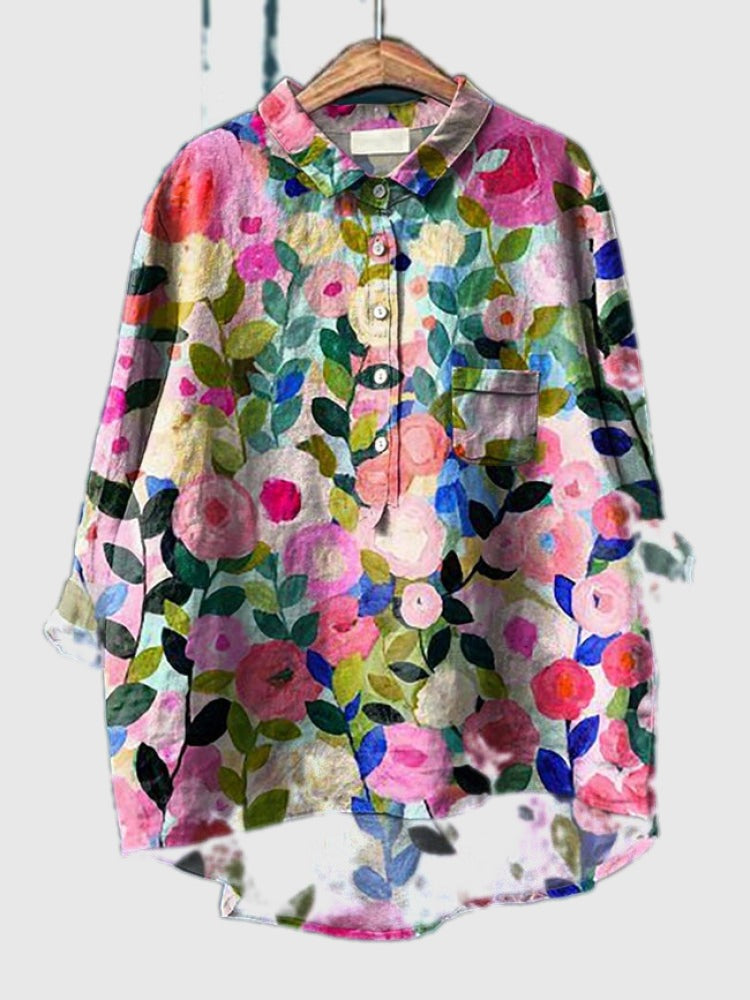 Multicolor floral embroidered long-sleeve shirt with button front and chest pocket