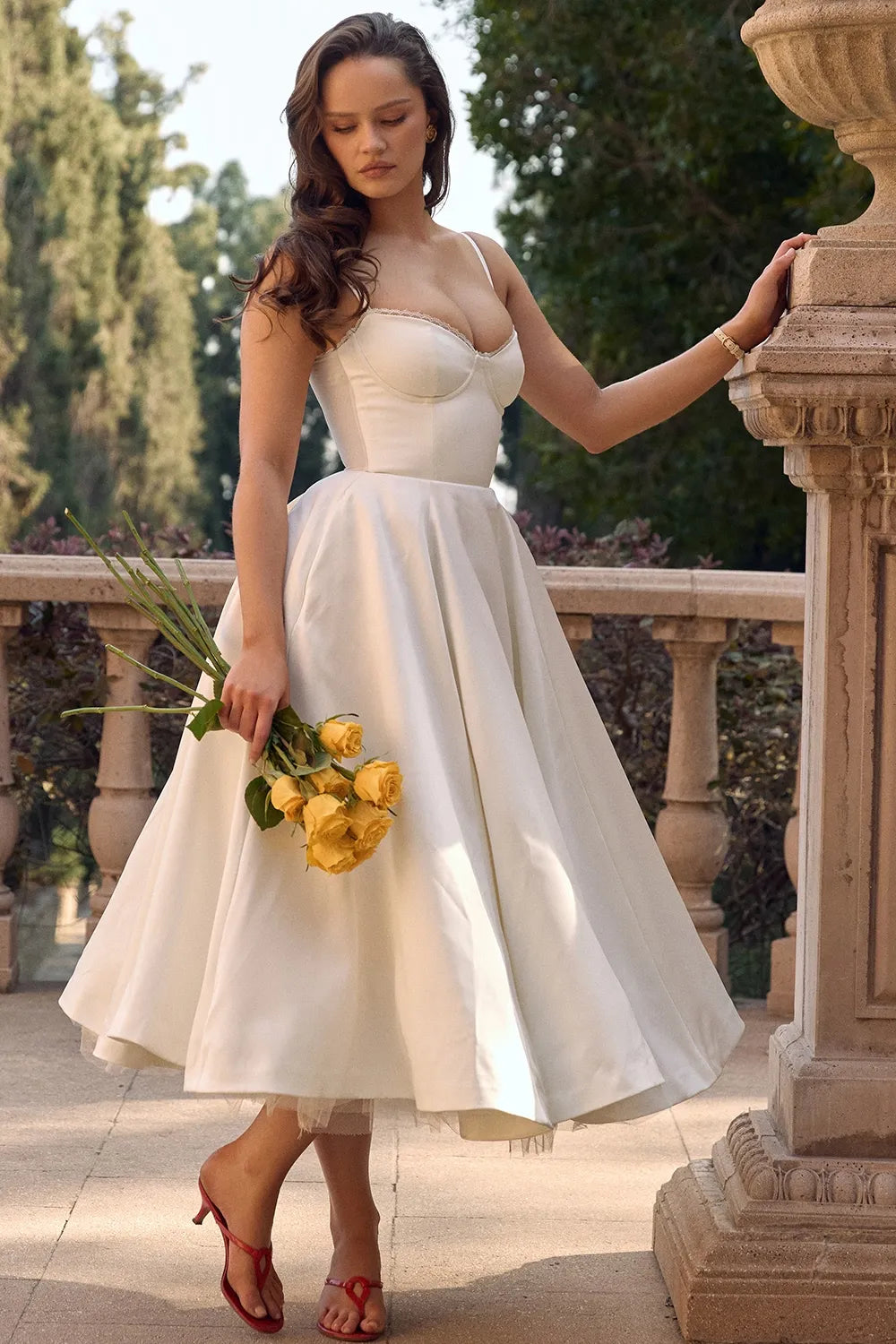 White flared tulle-accent dress with spaghetti straps and sweetheart neckline