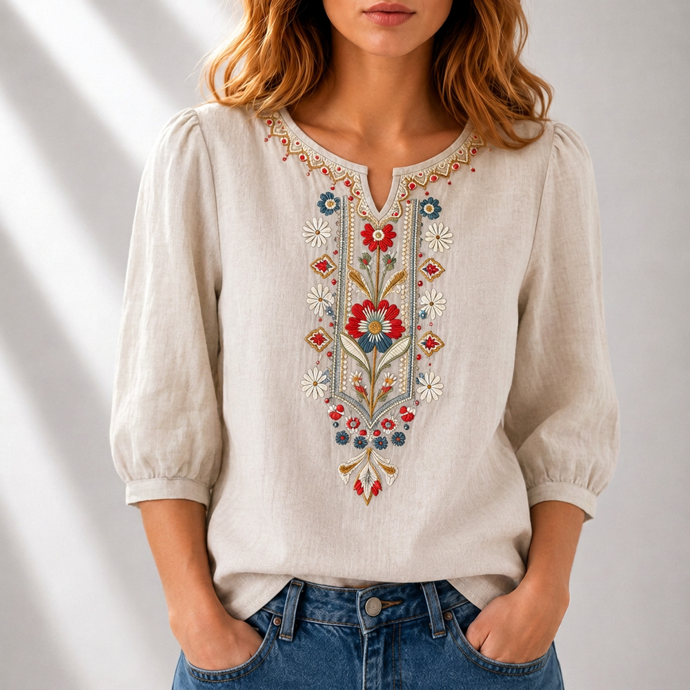 Beige embroidered floral blouse with puff sleeves and V-neck buttonless trim