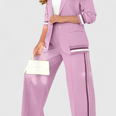 Purple-pink lounge set with striped-trim jacket and wide-leg trousers with side stripe