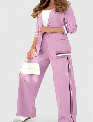 Purple-pink lounge set with striped-trim jacket and wide-leg trousers with side stripe