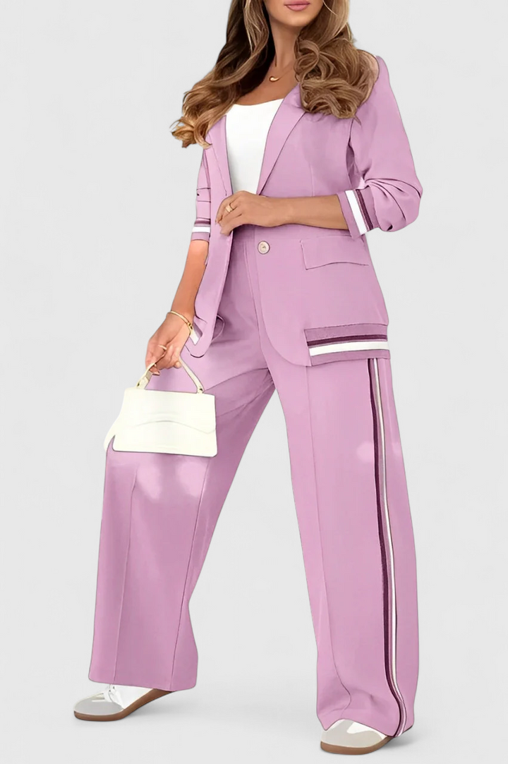 Purple-pink lounge set with striped-trim jacket and wide-leg trousers with side stripe
