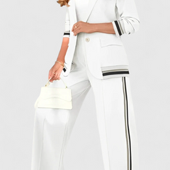 White lounge set with striped-trim jacket and wide-leg trousers with side stripe