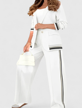White lounge set with striped-trim jacket and wide-leg trousers with side stripe