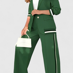 Green lounge set with striped-trim jacket and wide-leg trousers with contrasting side stripe