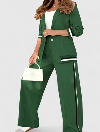 Green lounge set with striped-trim jacket and wide-leg trousers with contrasting side stripe