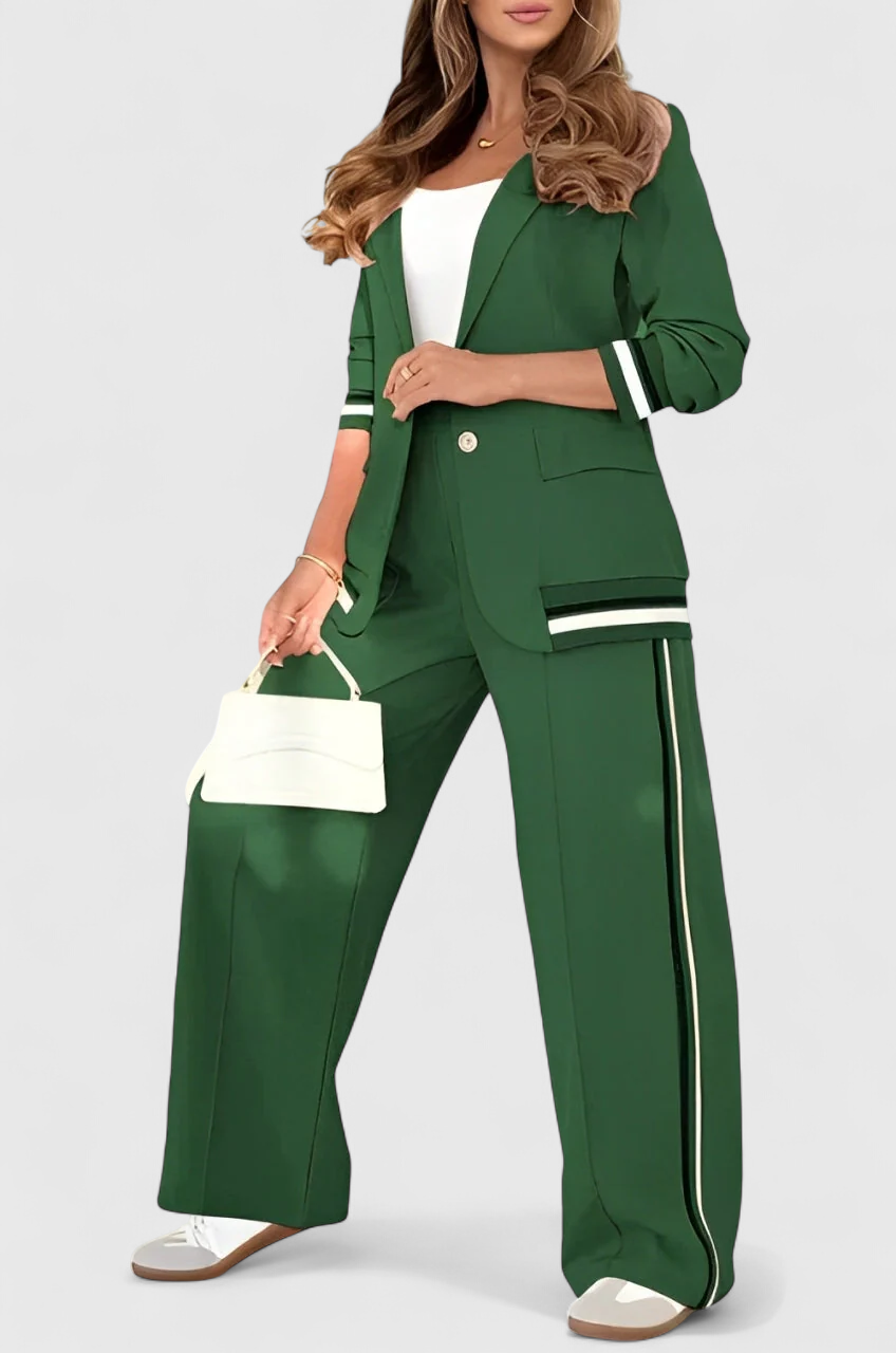 Green lounge set with striped-trim jacket and wide-leg trousers with contrasting side stripe