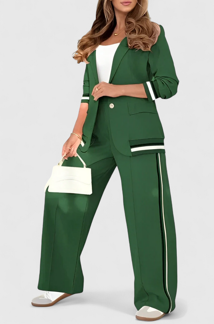 Green lounge set with striped-trim jacket and wide-leg trousers with contrasting side stripe